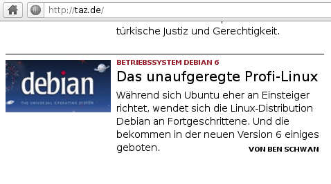 Artykuł o wydaniu Debiana na stronie głównej taz.de